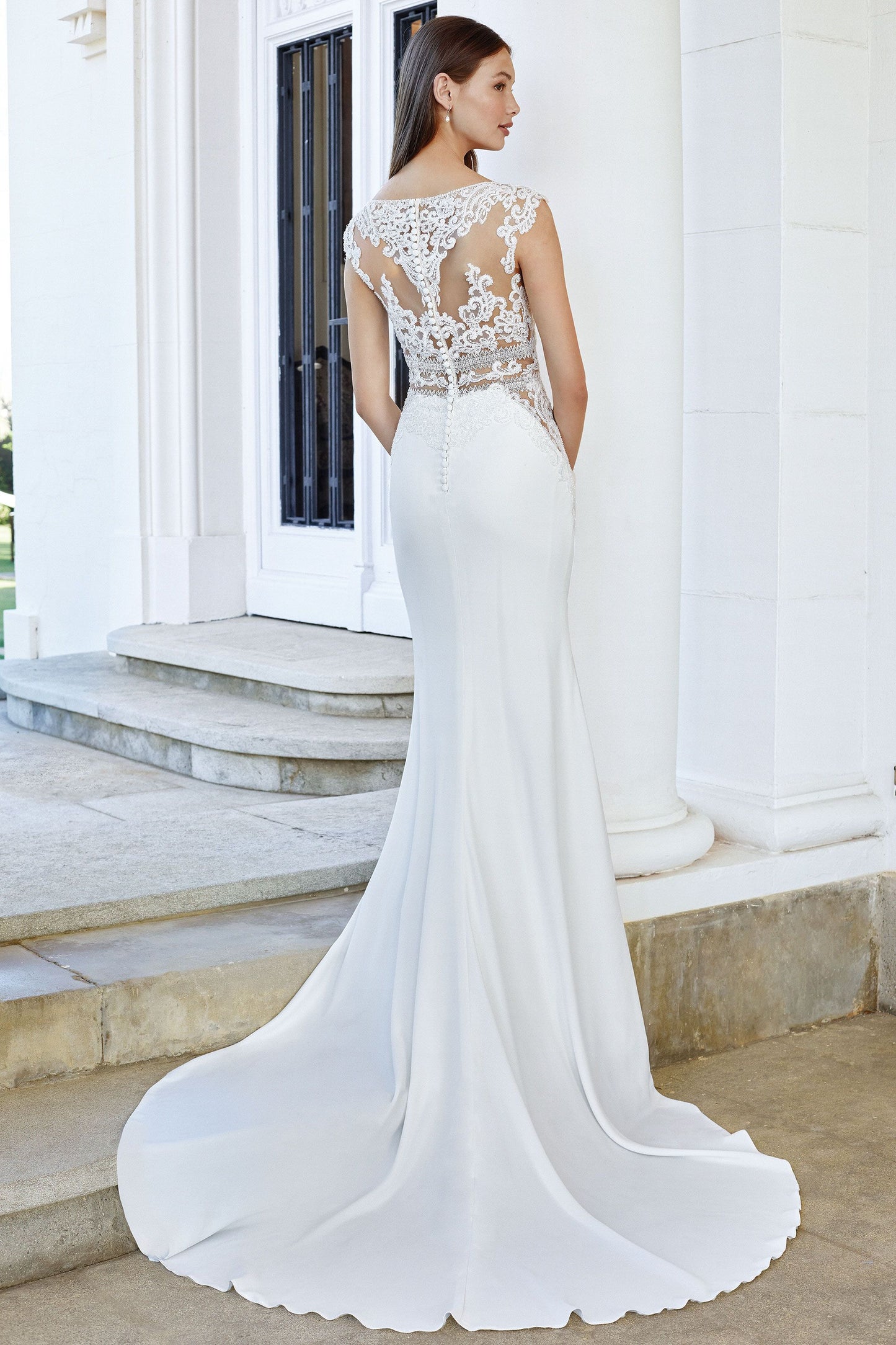Crepe Fit and Flare Gown with Waist Cutouts and Beaded Lace 11105