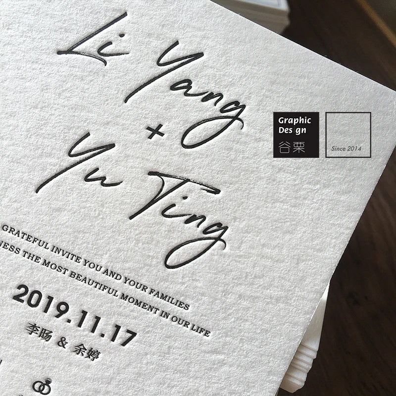 600GSM White Cotton Paper Letterpress Customized Design Wedding Invitation Cards Personalized