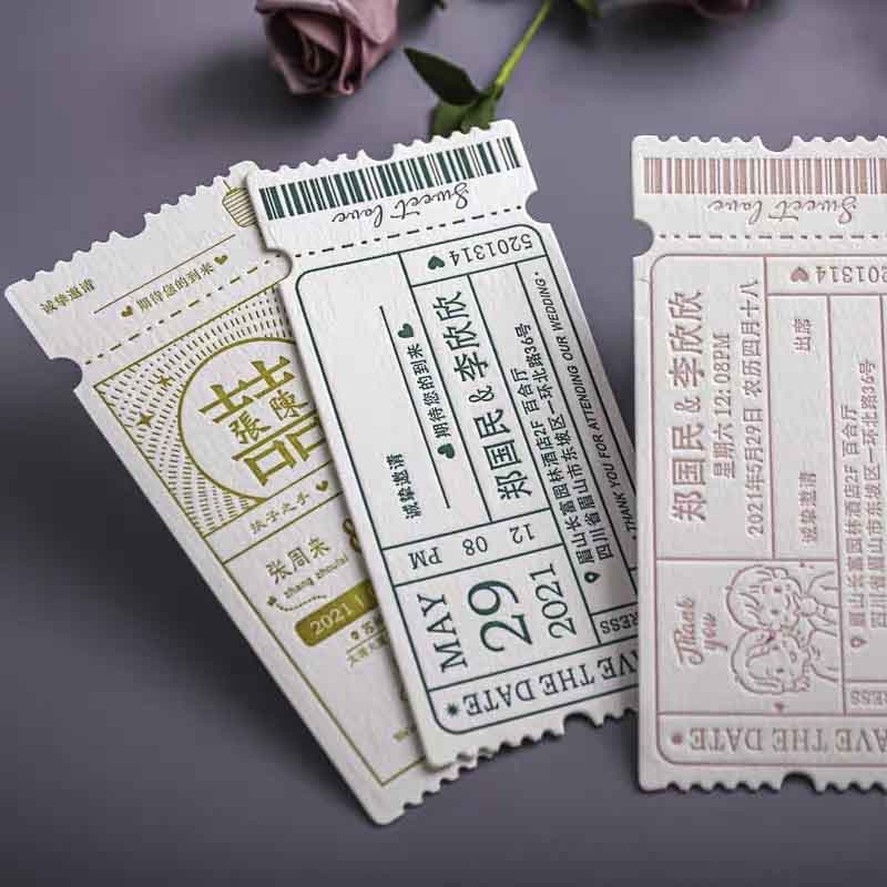 40 PCS Letterpress Cotton Invites with Ticket Pocket Design - Blossom Wedding