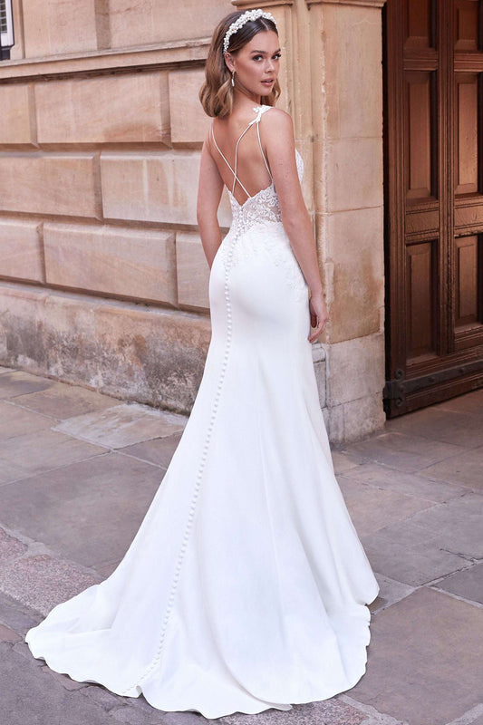 Stretch Crepe Fit and Flare Dress with Lace and Criss-Cross Back 11170