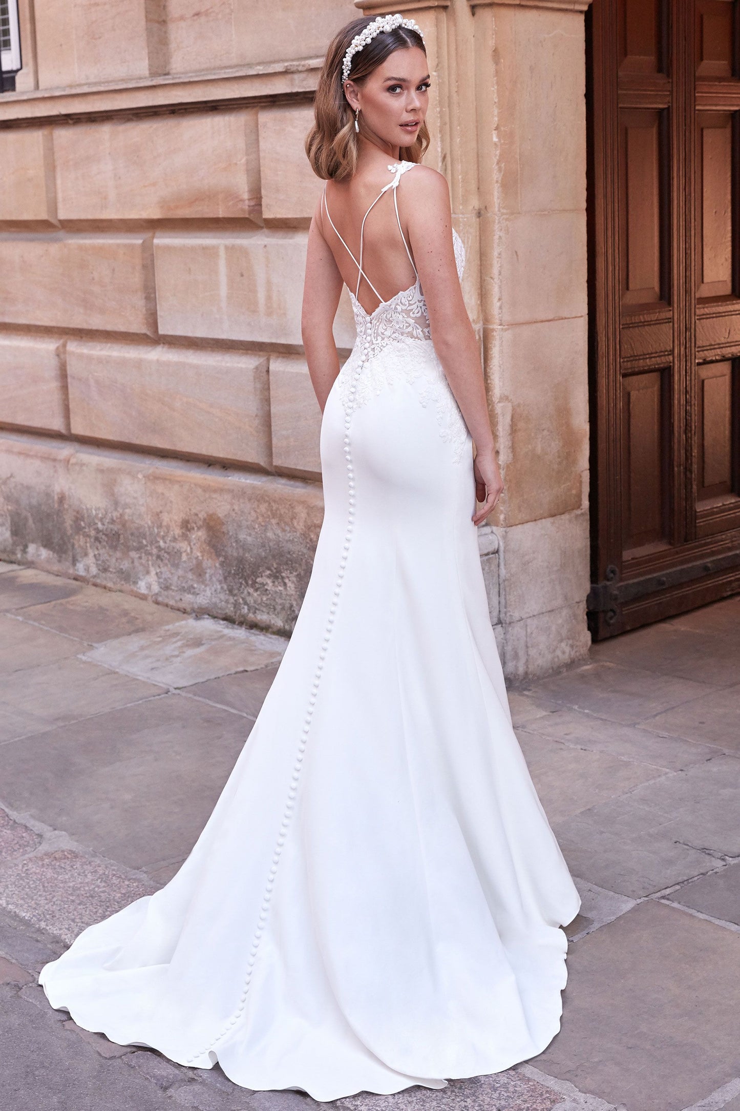 Stretch Crepe Fit and Flare Dress with Lace and Criss-Cross Back 11170