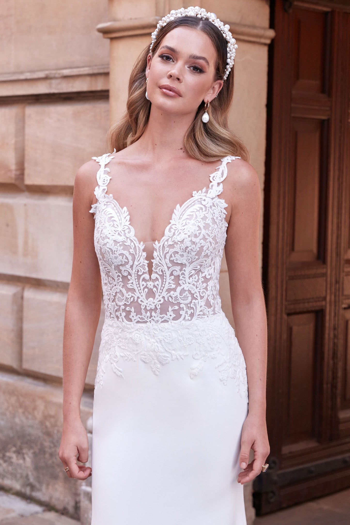 Stretch Crepe Fit and Flare Dress with Lace and Criss-Cross Back 11170
