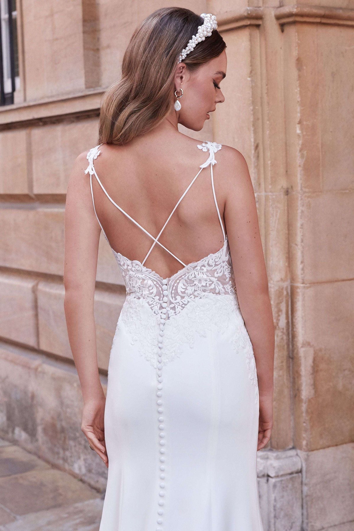 Stretch Crepe Fit and Flare Dress with Lace and Criss-Cross Back 11170
