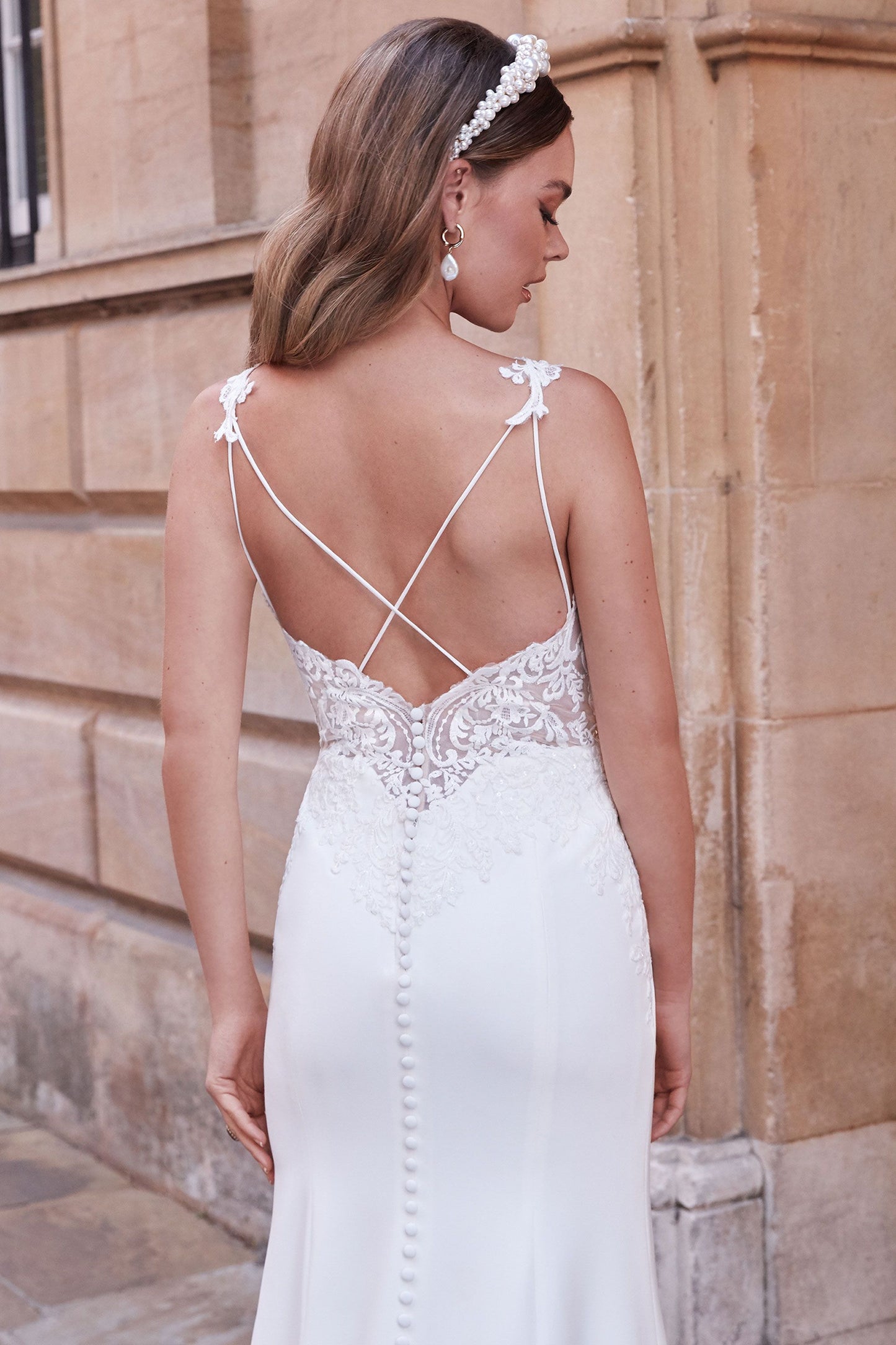 Stretch Crepe Fit and Flare Dress with Lace and Criss-Cross Back 11170