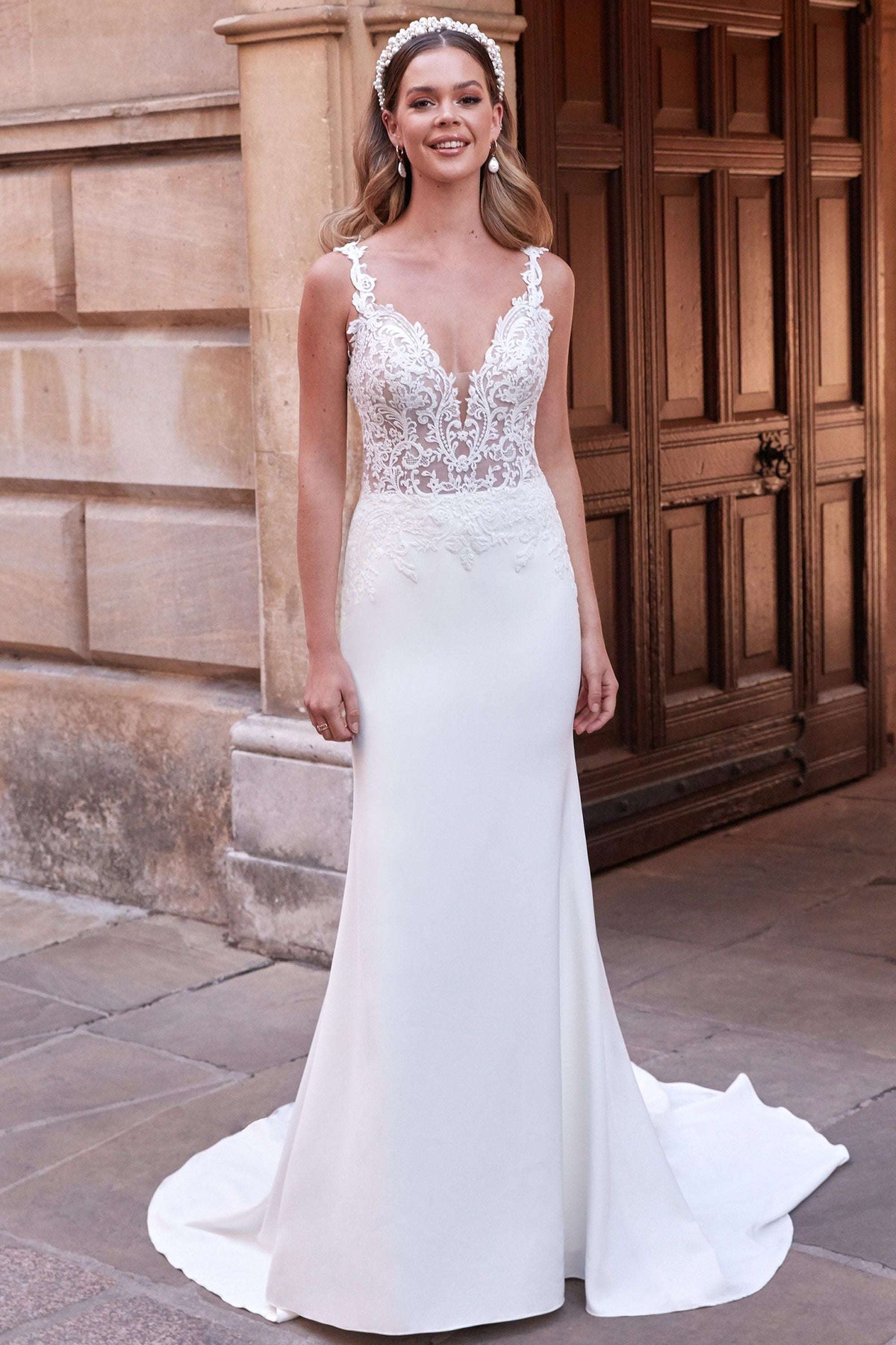 Stretch Crepe Fit and Flare Dress with Lace and Criss-Cross Back 11170