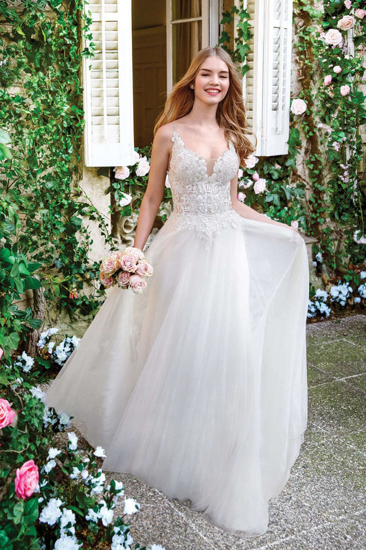 Slim A-line Gown with Illusion Bodice and Eyelash Lacen 1142