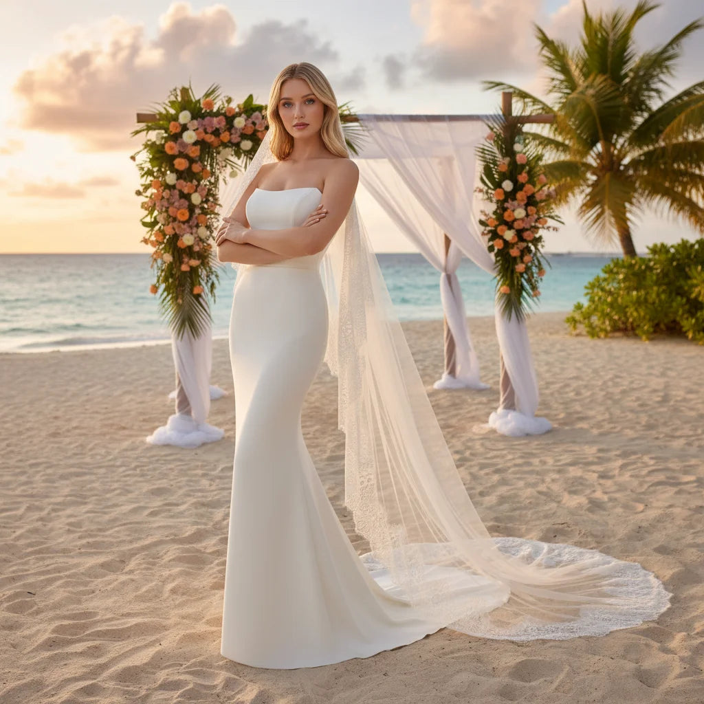 Luxury Cathedral Bridal Veil with Full Lace Trim Long Train Elegant Sheer Wedding Headpiece