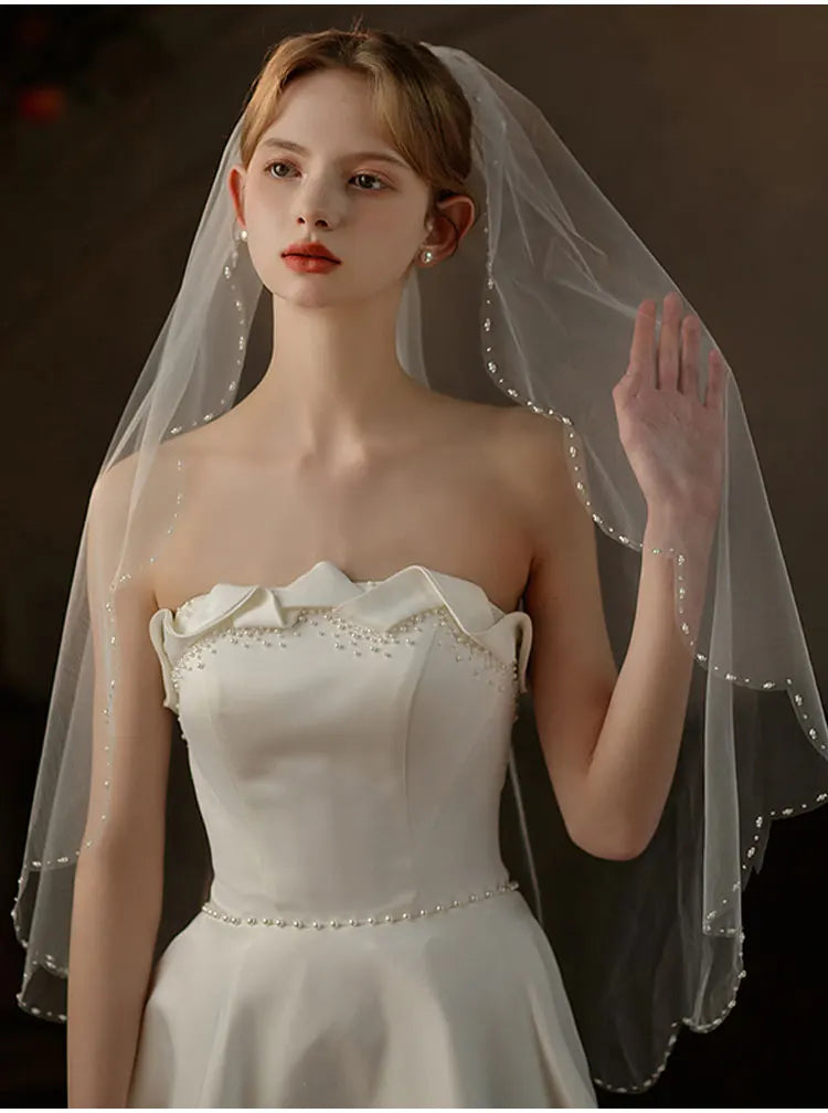 Exquisite Bridal Veil for Wedding Dress One-Layer Handmade Beading Edge