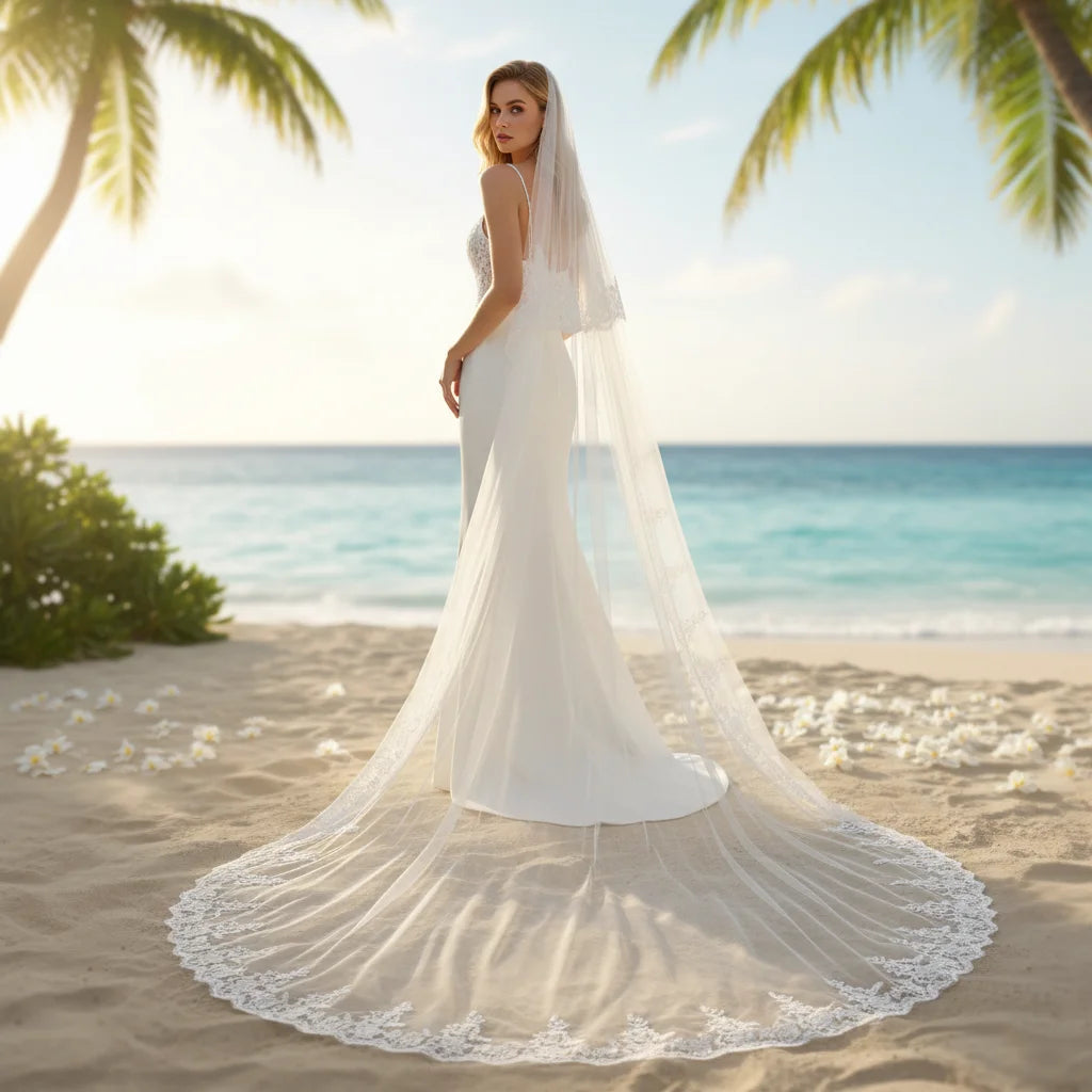 Cathedral Length Bridal Veil with Intricate Lace 2 Tier Wedding Veil