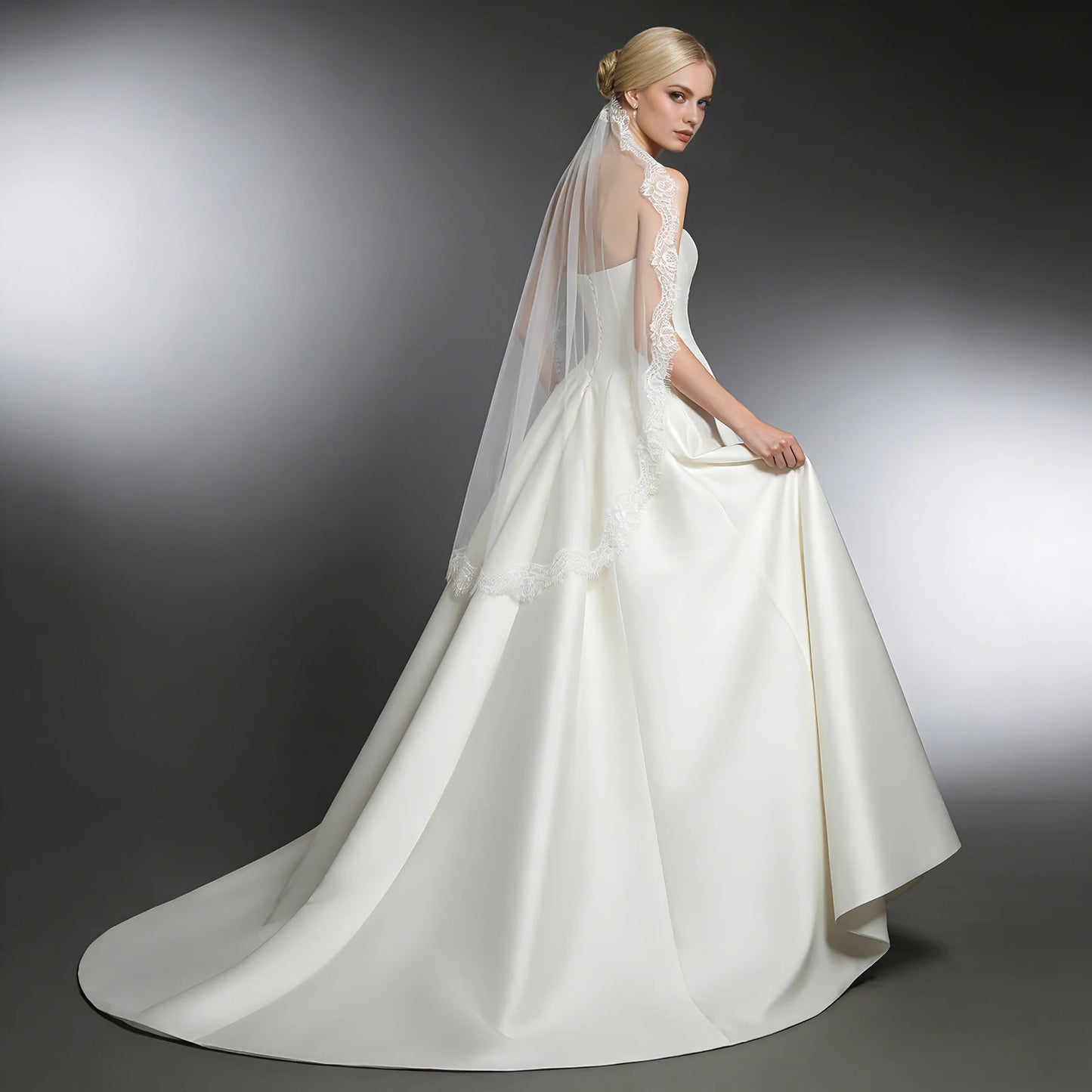 Lace Trim Tulle Wedding Veil White Ivory Bridal Veil Cathedral Length
