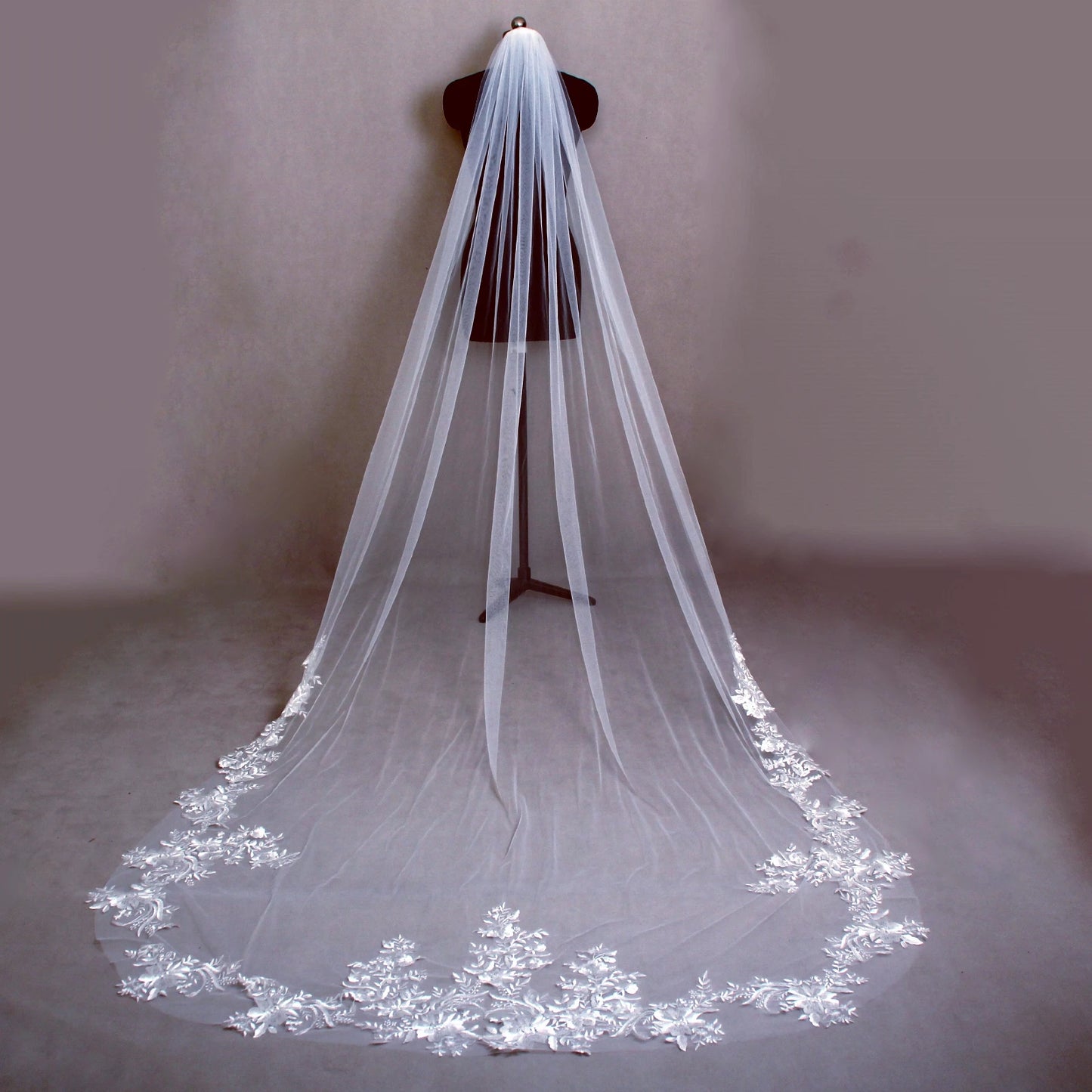 Cathedral Wedding Veil Elegant French Alencon Lace 3 Meters Long Embroidered Tulle Soft Bridal Veil with Comb (Ivory/White)