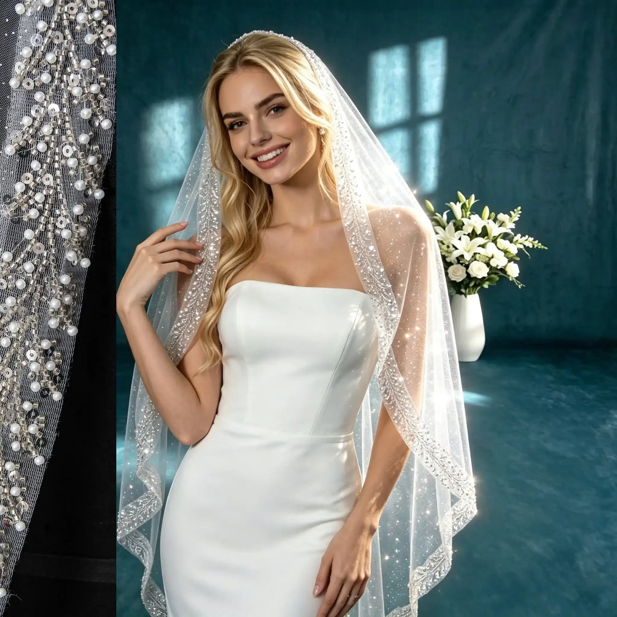 Bridal Veil with Pearl & Crystal Beads Edge 1 Tier Sheer Glitter Tulle Wedding Veil with Comb