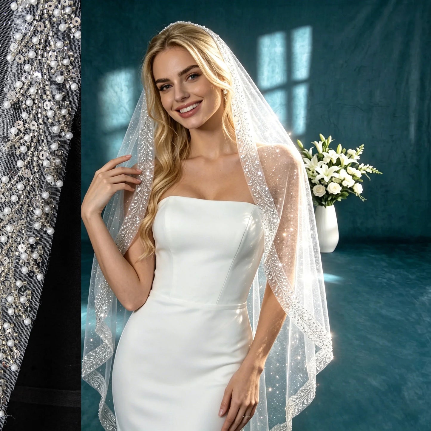 Bridal Veil with Pearl & Crystal Beads Edge 1 Tier Sheer Glitter Tulle Wedding Veil with Comb
