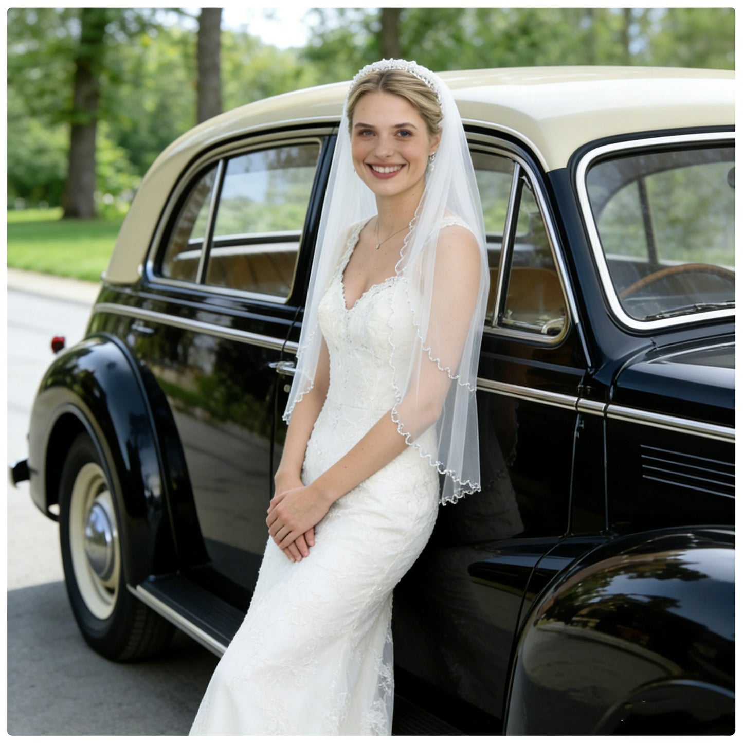 Elegant 2 Tier Wedding Veil with Crystal Edge Bridal Veils Cover Front and Back of Wedding Dresses