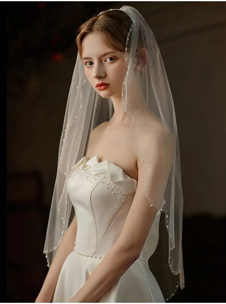 Exquisite Bridal Veil for Wedding Dress One-Layer Handmade Beading Edge