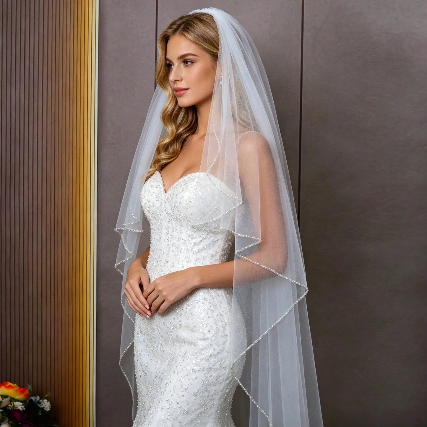 Waltz Length Bridal Veil Crystal Beaded Edge Soft Tulle Wedding Veil with Comb, One-Tier Veil