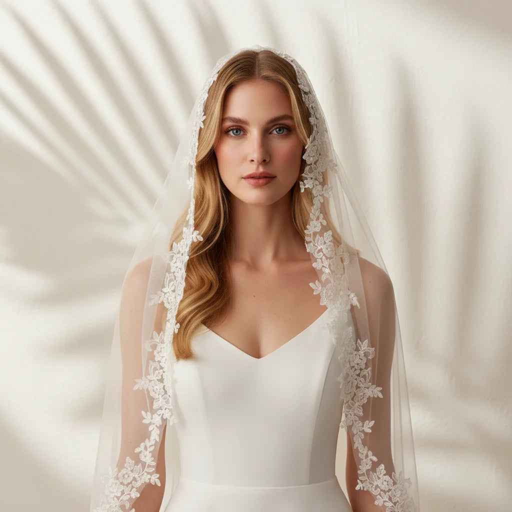 Elegant Bridal Veil with Exquisite Floral Lace Trim Soft Tulle Weddin