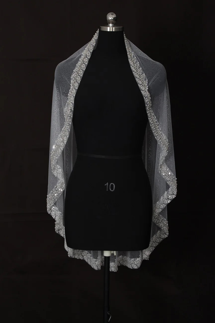 Bridal Veil with Pearl & Crystal Beads Edge 1 Tier Sheer Glitter Tulle Wedding Veil with Comb