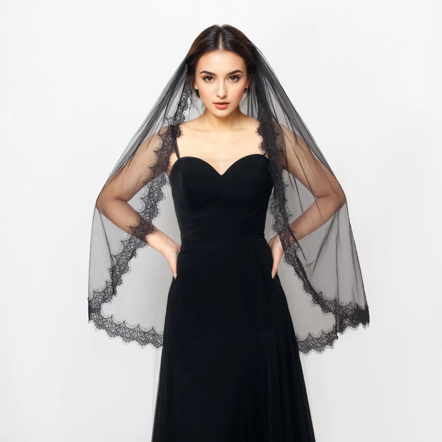 Black Bridal Veil Lace trim 75cm/100cm Hand-stitched