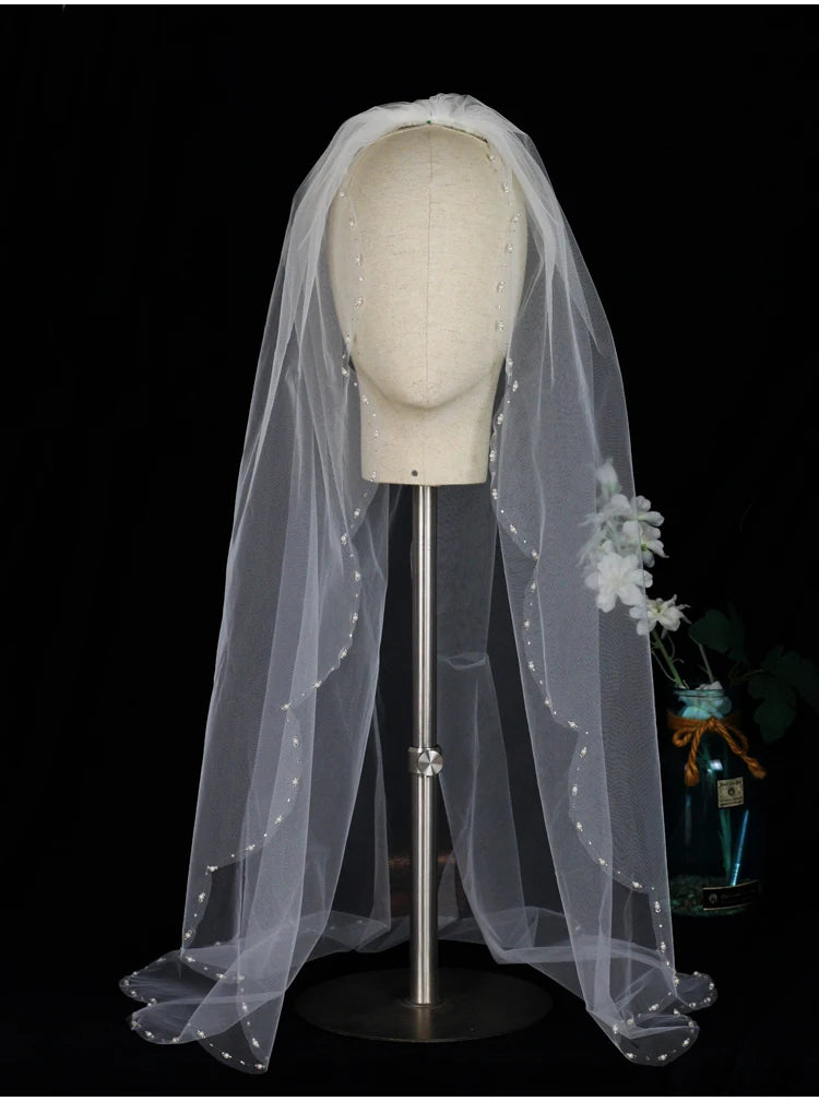 Exquisite Bridal Veil for Wedding Dress One-Layer Handmade Beading Edge