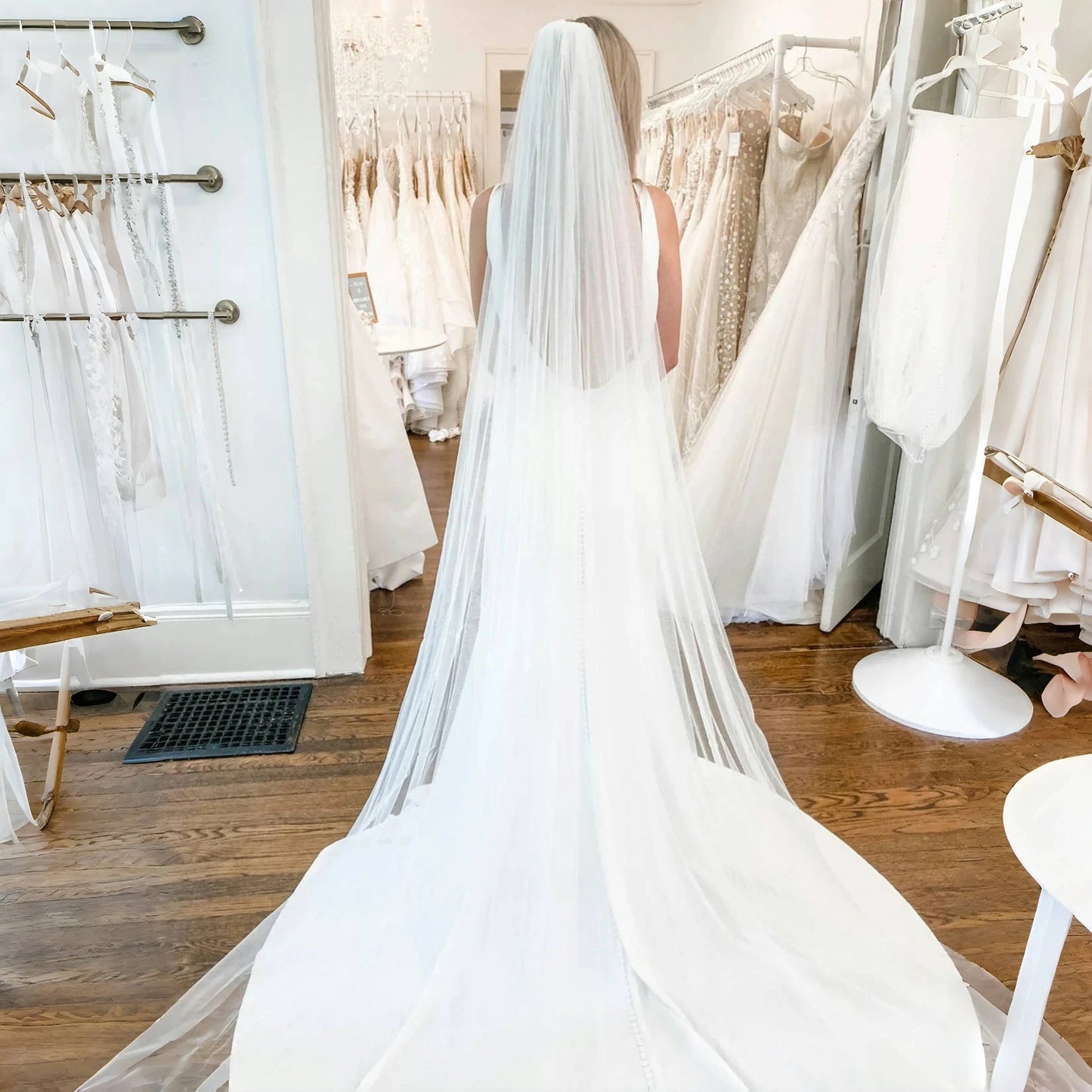 Elegant Single Tier Cathedral Wedding Veil with Comb Simple Cut Edge Long Bridal Tulle in Silk White Plain Soft Tulle G30
