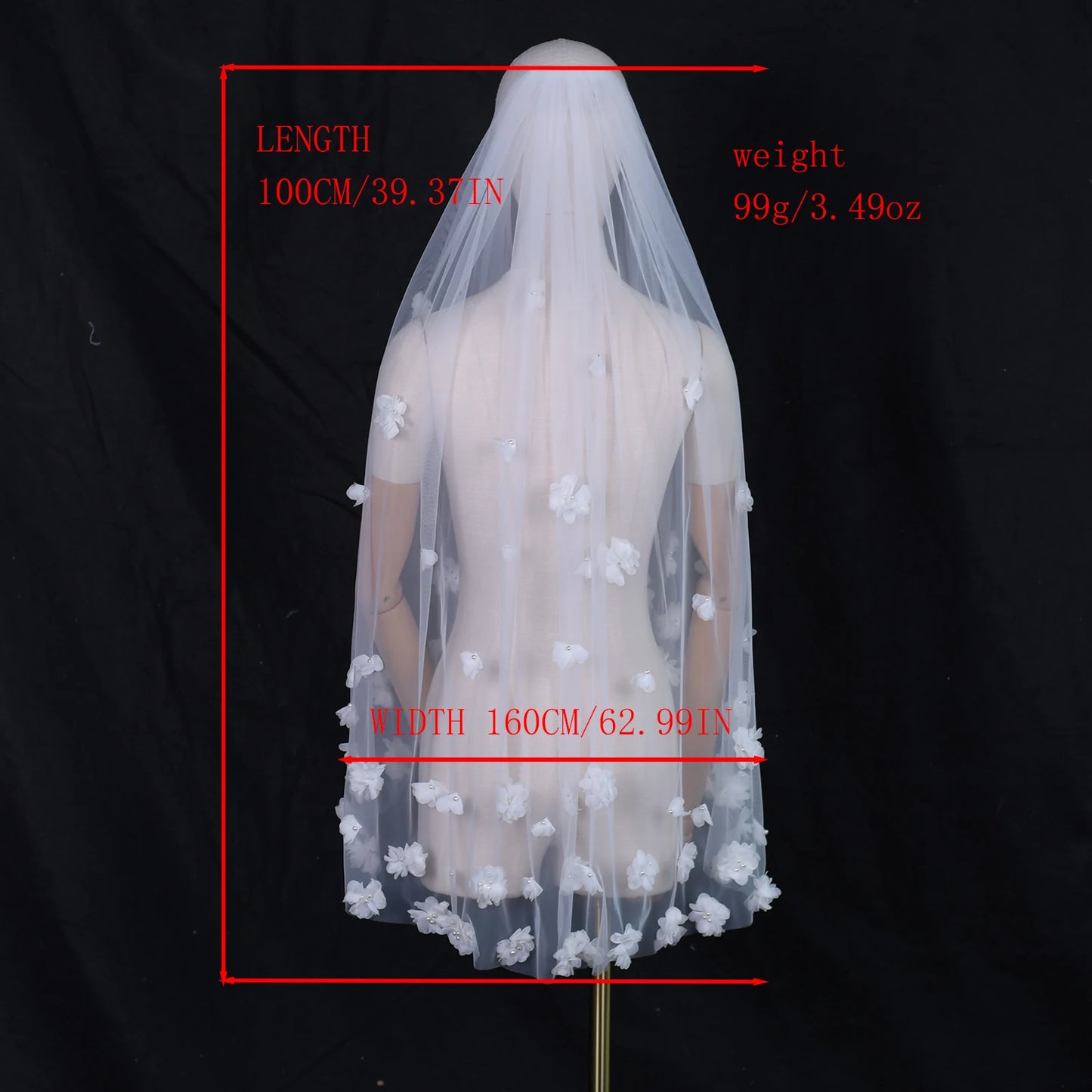 3D Flower Wedding Veil Hip Length Tulle Bridal Veil White Ivory Romantic Elegant