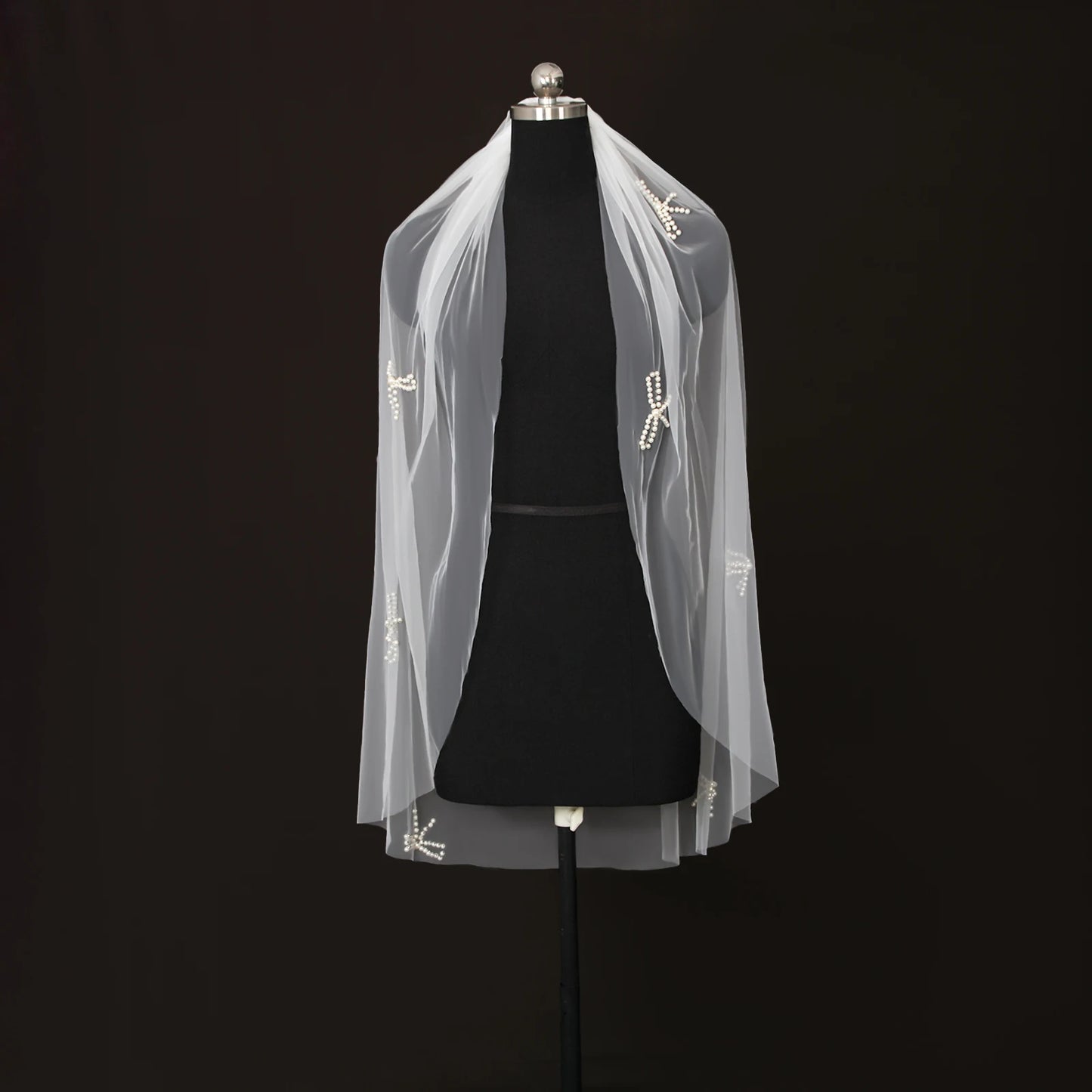 Pearl Bowknot Applique Bridal Veil Mid-Length Soft Tulle