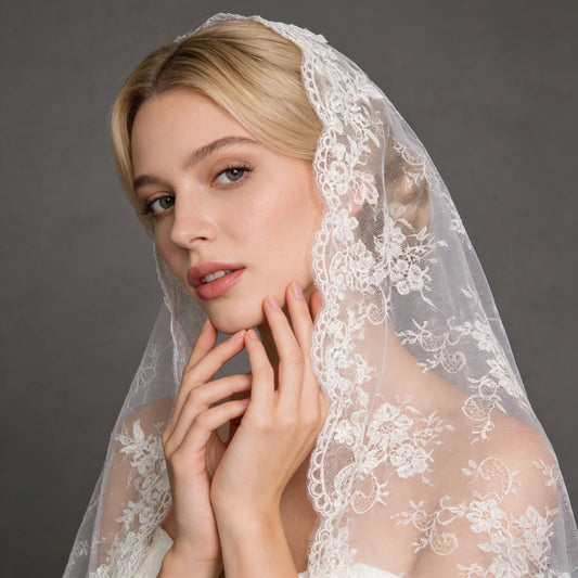 Elegant Spanish Style Bridal Veil Full Lace Trim Sheer Overlay Wedding Veil G159