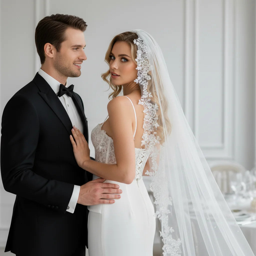 Luxury Wedding Veil for Bride White Tulle Bridal Headpiece with Floral Lace Applique & Pearl Embellishment