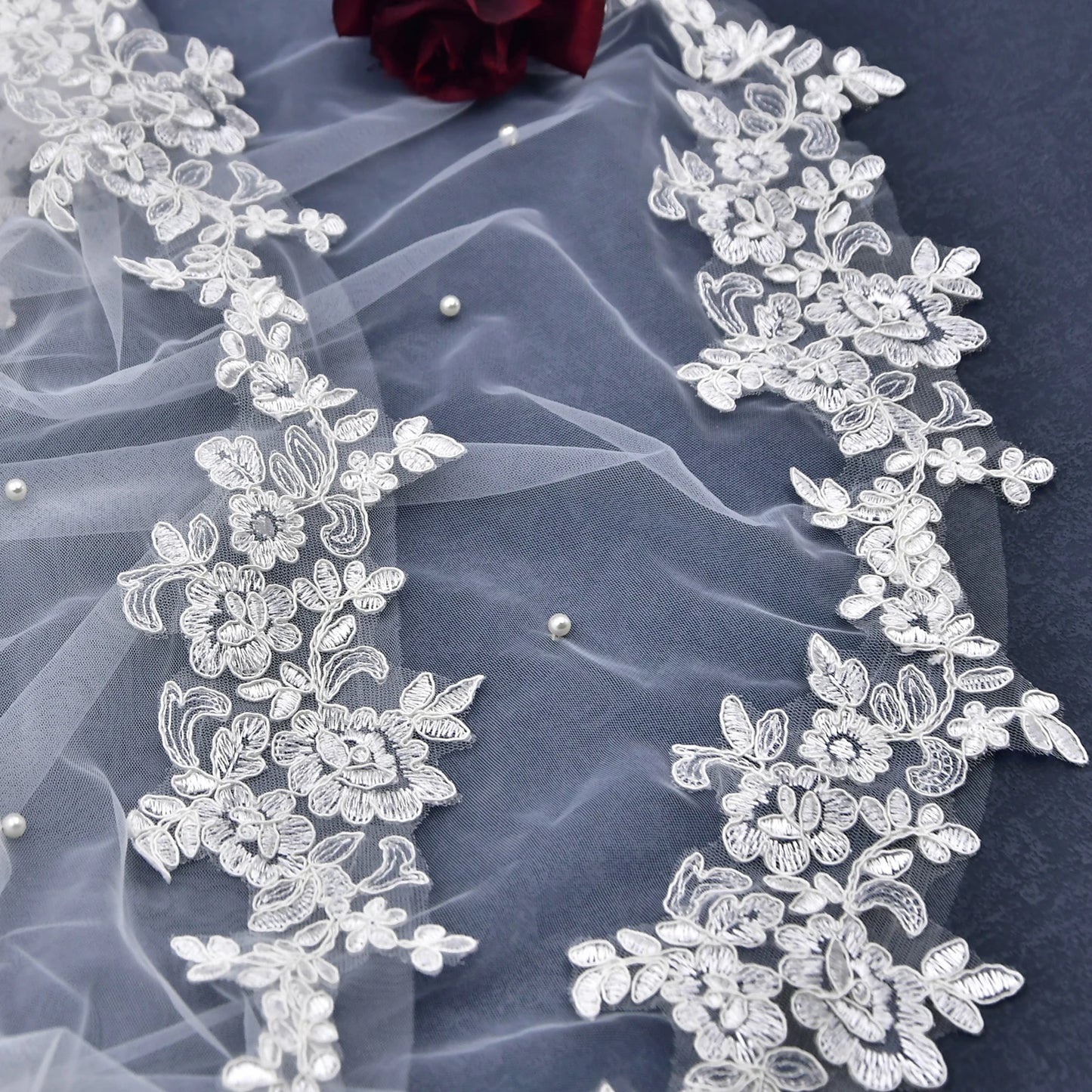 Luxury Wedding Veil for Bride White Tulle Bridal Headpiece with Floral Lace Applique & Pearl Embellishment