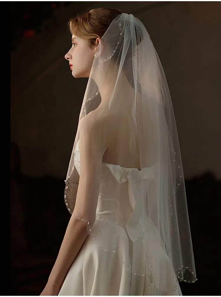 Exquisite Bridal Veil for Wedding Dress One-Layer Handmade Beading Edge