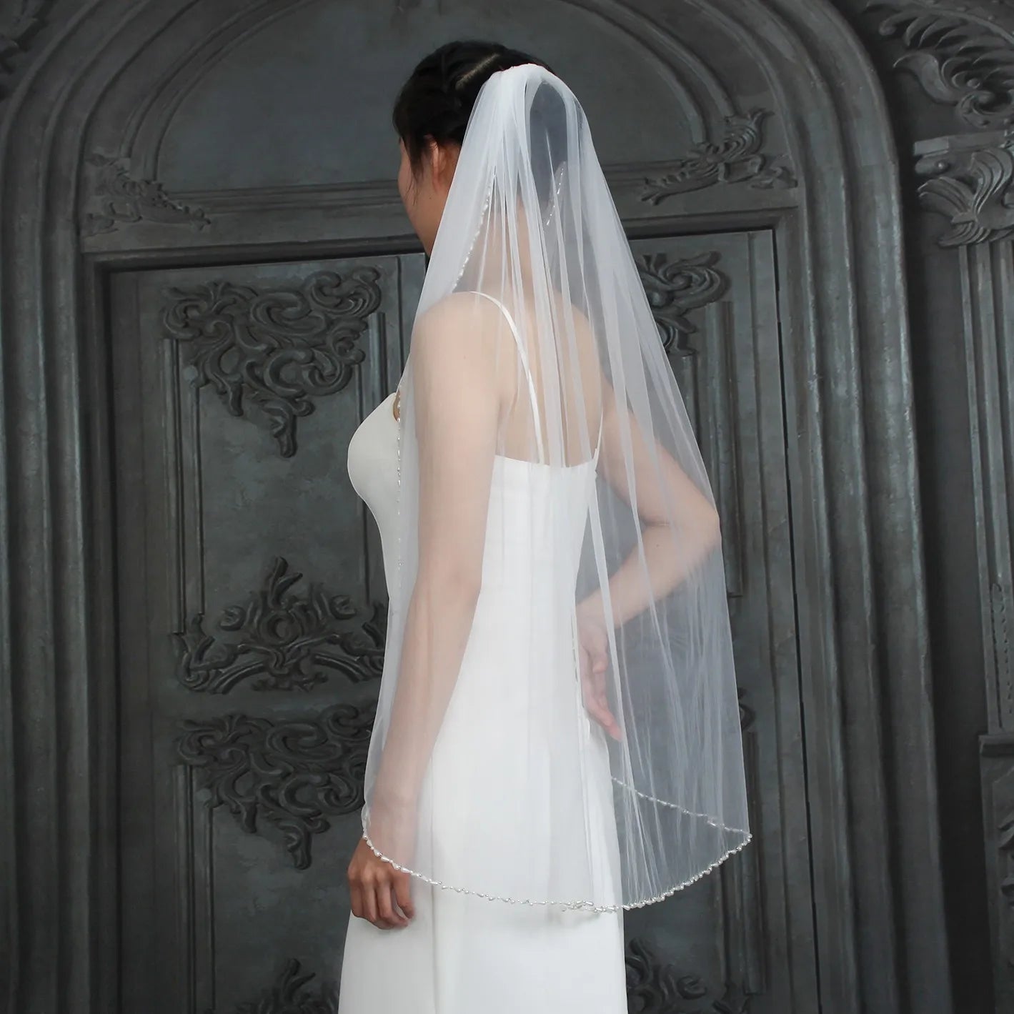 Handmade Pearl Beaded Bridal Veil - Luxury Fingertip Length Soft Tulle Wedding Veil with Delicate Edge Trim