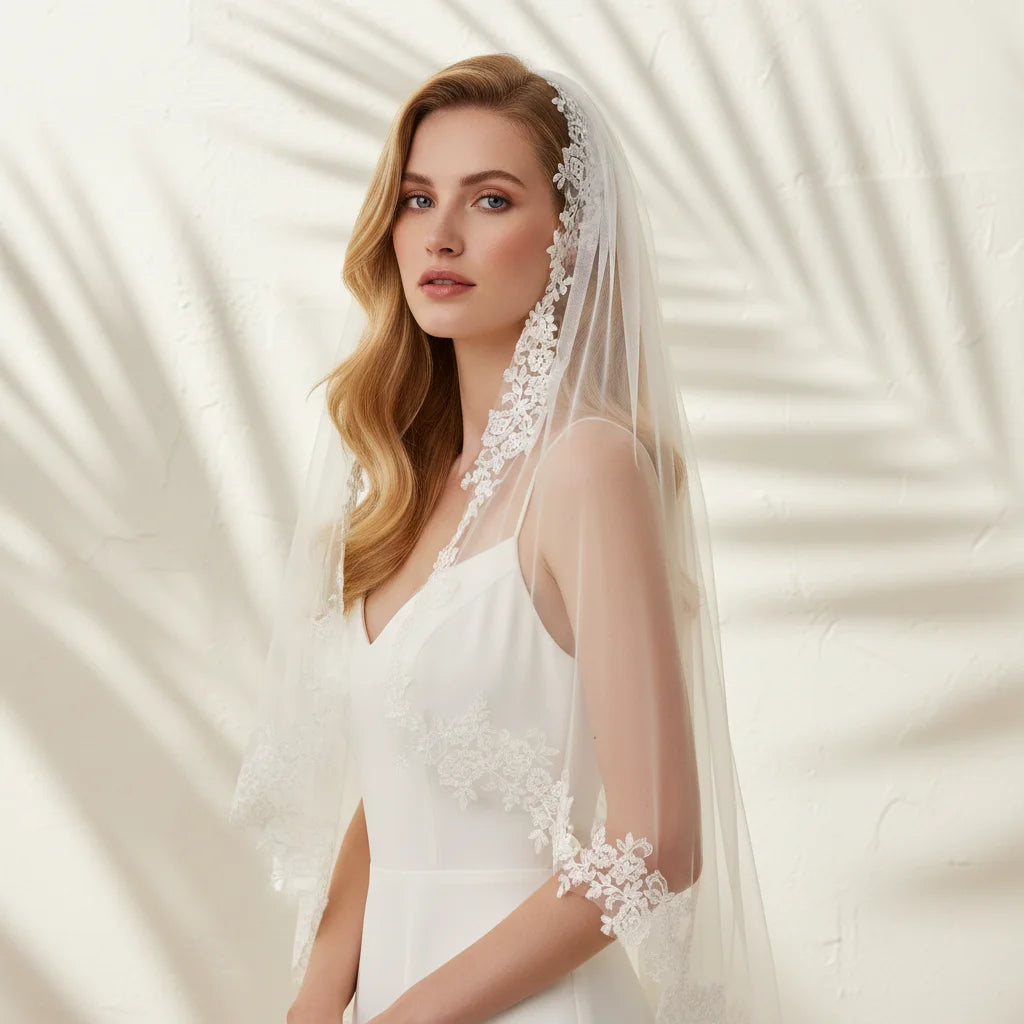 Elegant Bridal Veil with Exquisite Floral Lace Trim Soft Tulle Weddin