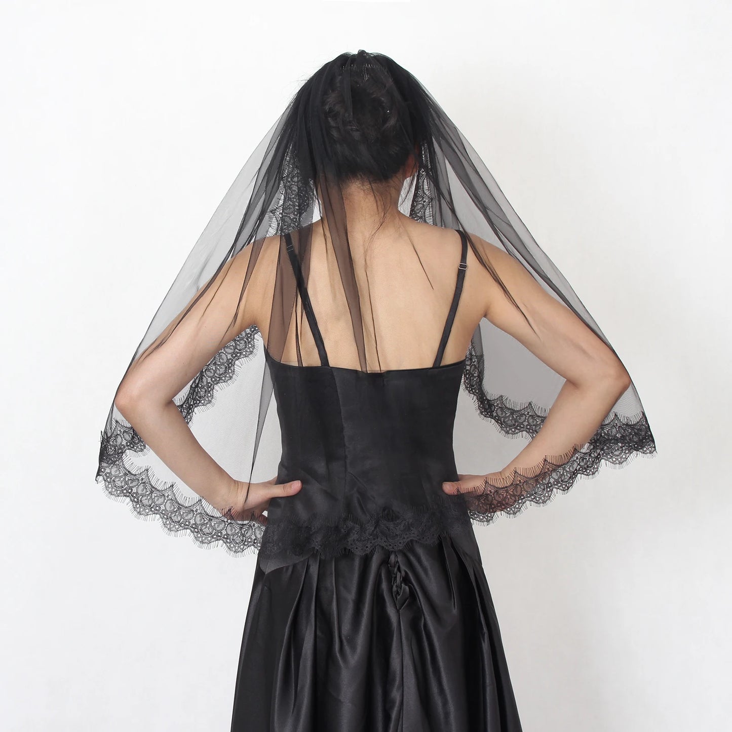 Black Bridal Veil Lace trim 75cm/100cm Hand-stitched