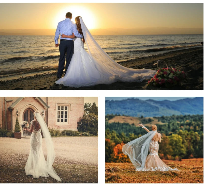 Elegant Single Tier Cathedral Wedding Veil with Comb Simple Cut Edge Long Bridal Tulle in Silk White Plain Soft Tulle G30
