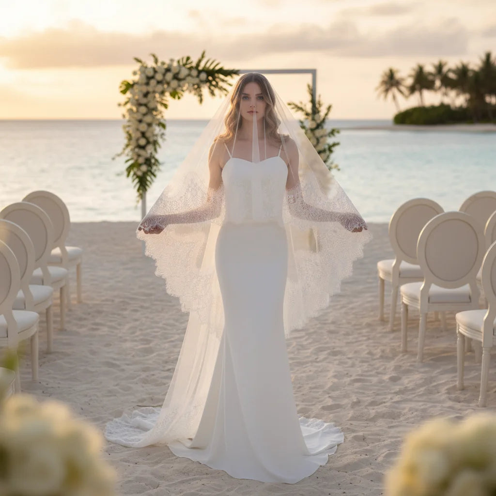 Luxury Cathedral Bridal Veil with Full Lace Trim Long Train Elegant Sheer Wedding Headpiece