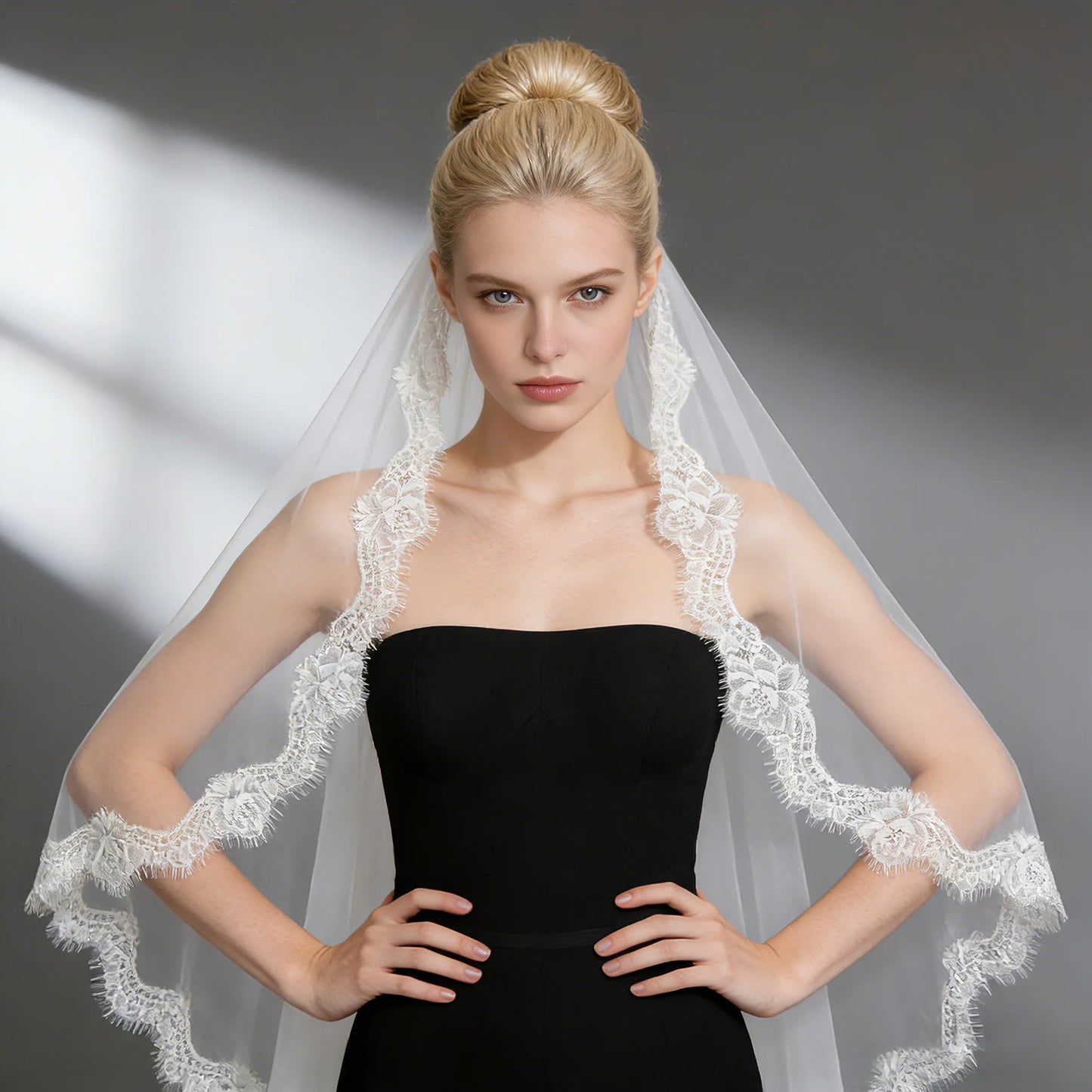 Lace Trim Tulle Wedding Veil White Ivory Bridal Veil Cathedral Length