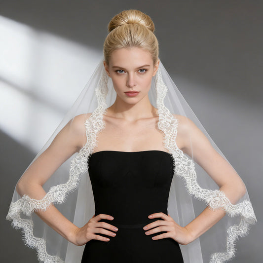 Lace Trim Tulle Wedding Veil White Ivory Bridal Veil Cathedral Length