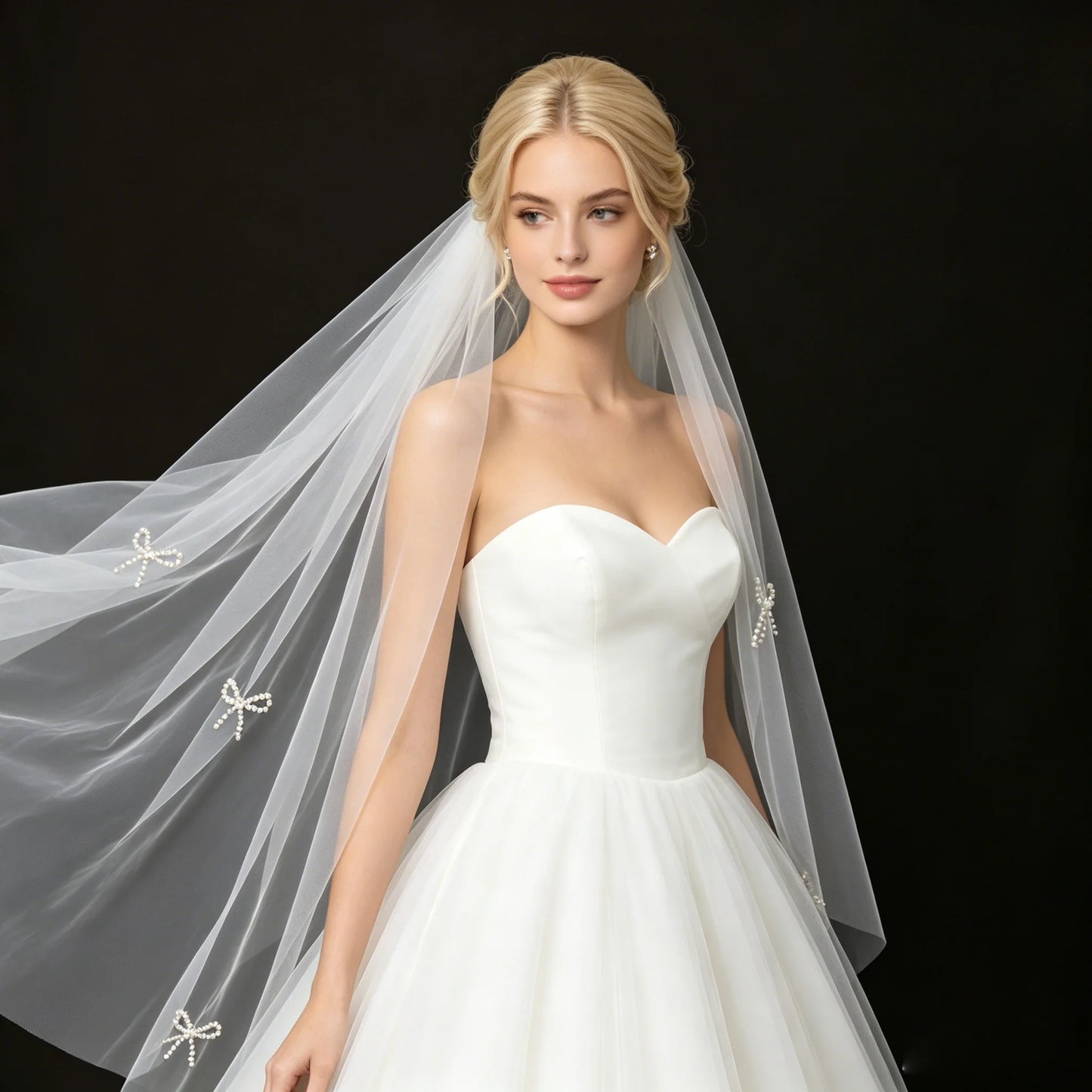 Pearl Bowknot Applique Bridal Veil Mid-Length Soft Tulle