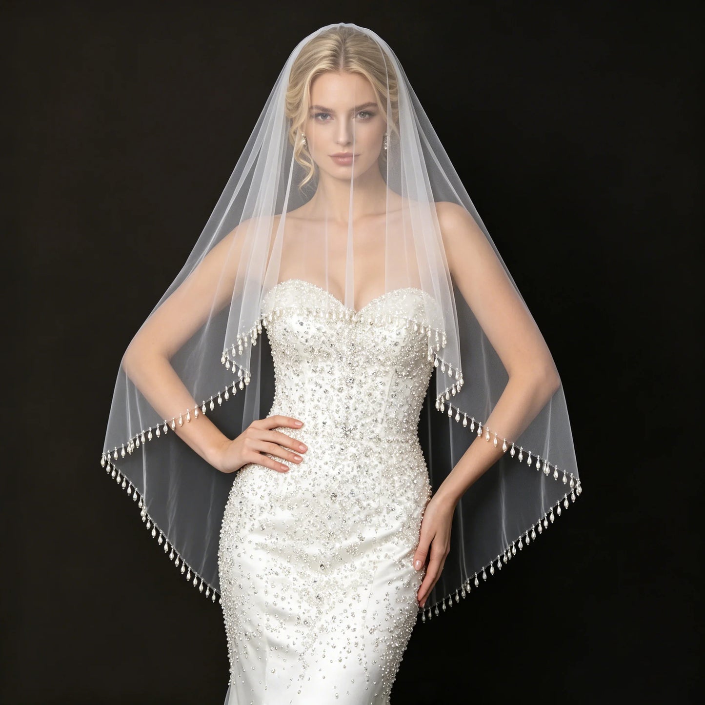 Teardrop Pearl Edge Wedding Veil 2 Tier Fingertip Length Soft Tulle with Comb