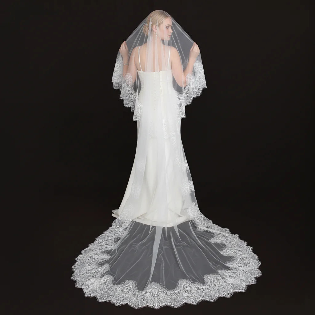 Luxury Cathedral Bridal Veil with Full Lace Trim Long Train Elegant Sheer Wedding Headpiece