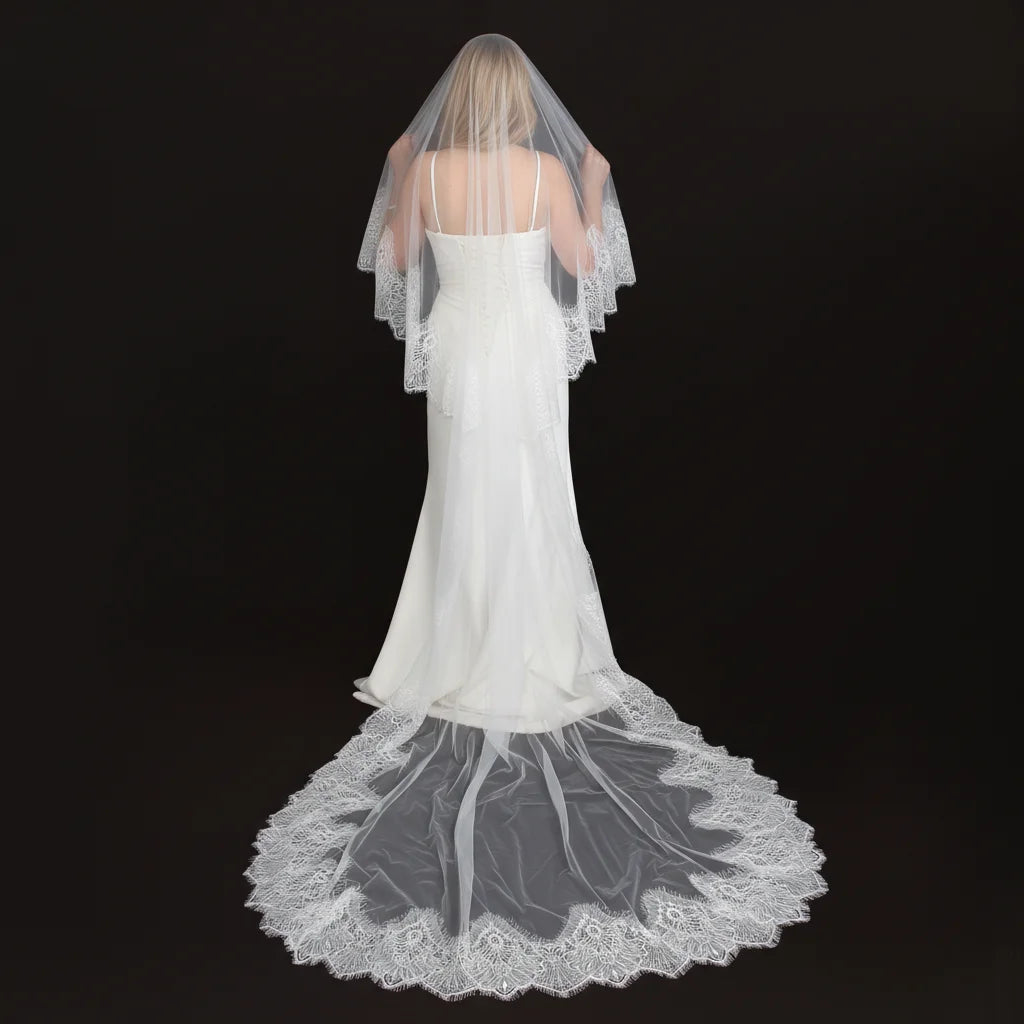 Luxury Cathedral Bridal Veil with Full Lace Trim Long Train Elegant Sheer Wedding Headpiece