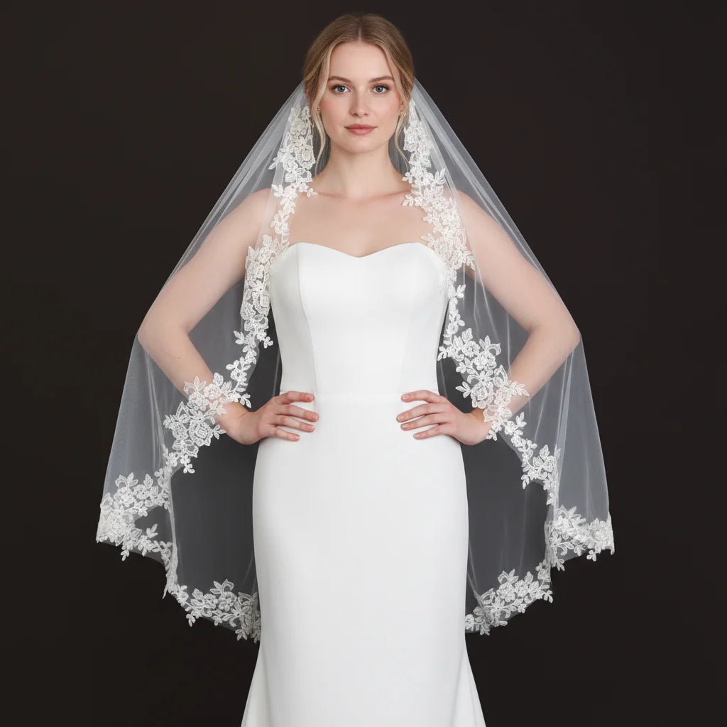 Elegant Bridal Veil with Exquisite Floral Lace Trim Soft Tulle Weddin