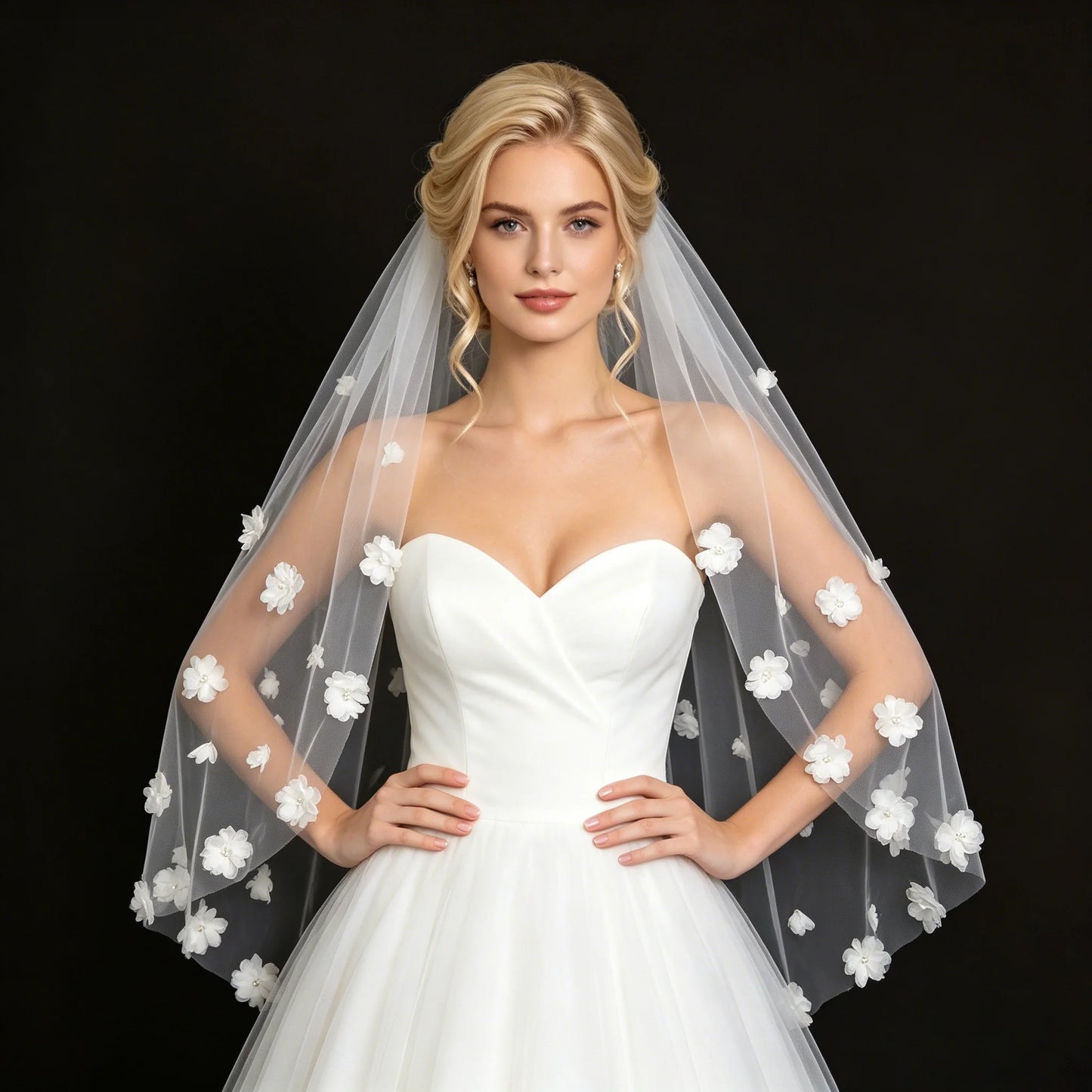 3D Flower Wedding Veil Hip Length Tulle Bridal Veil White Ivory Romantic Elegant