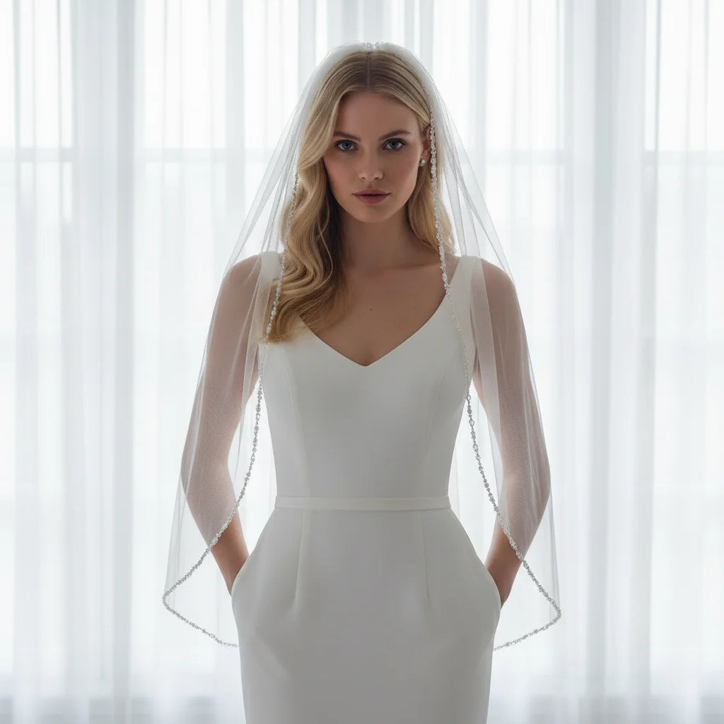 Elegant Crystal-Embellished Single Layer Elbow-Length Wedding Veil with Lace Trim