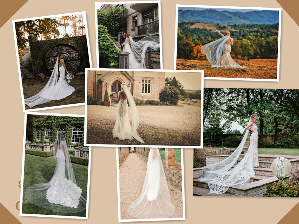 Elegant Single Tier Cathedral Wedding Veil with Comb Simple Cut Edge Long Bridal Tulle in Silk White Plain Soft Tulle G30