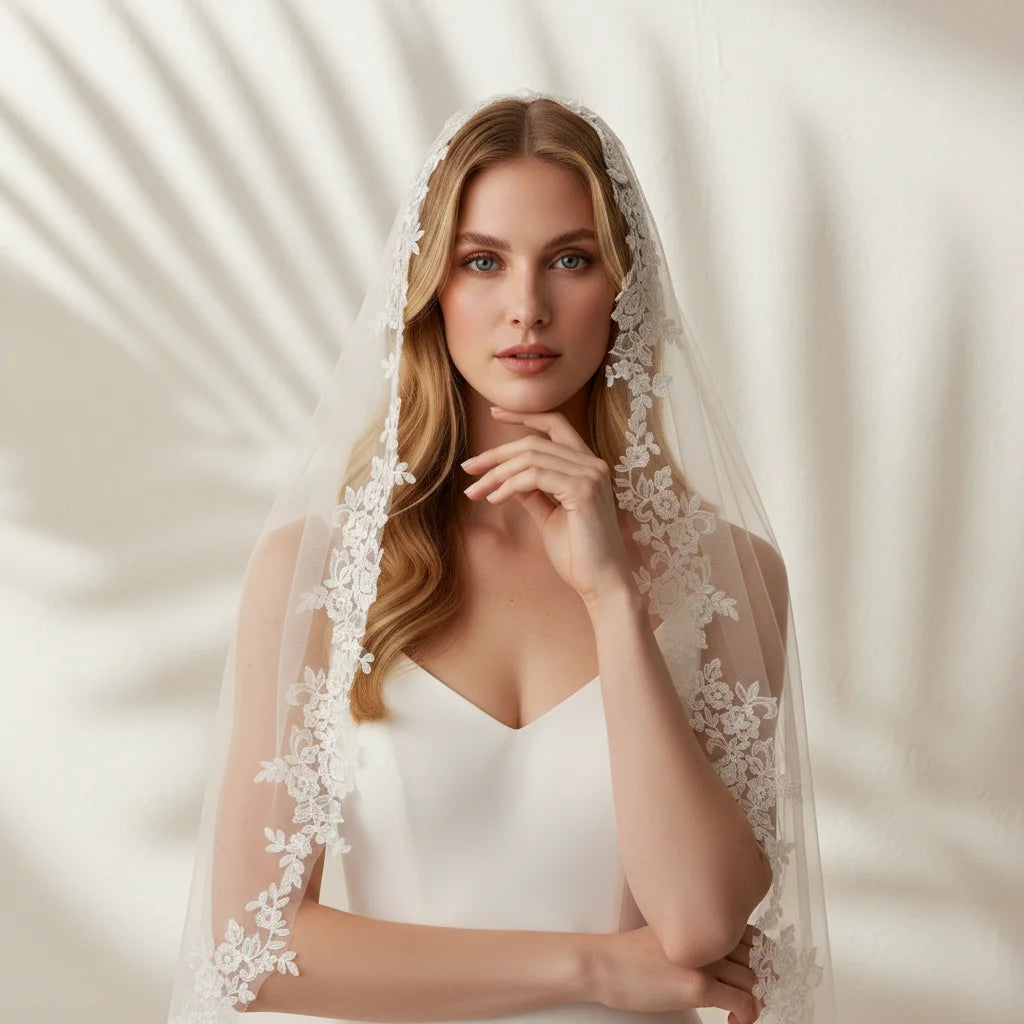 Elegant Bridal Veil with Exquisite Floral Lace Trim Soft Tulle Weddin