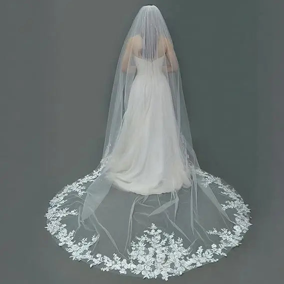 Cathedral Wedding Veil Elegant French Alencon Lace 3 Meters Long Embroidered Tulle Soft Bridal Veil with Comb (Ivory/White)