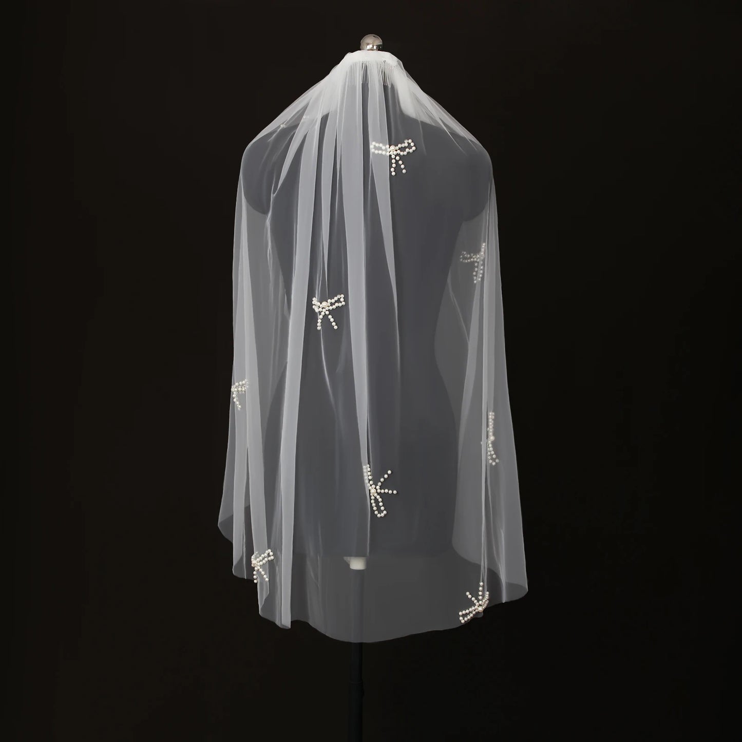 Pearl Bowknot Applique Bridal Veil Mid-Length Soft Tulle