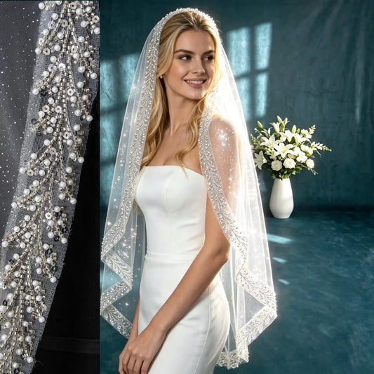 Bridal Veil with Pearl & Crystal Beads Edge 1 Tier Sheer Glitter Tulle Wedding Veil with Comb